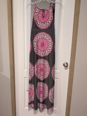 INC International Concepts Gray Maxi Dress with Pink Medallion Print